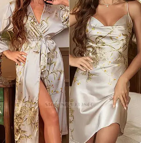 Ensemble de Chemise de Nuit et Robe en Satin à Imprimé Cerise