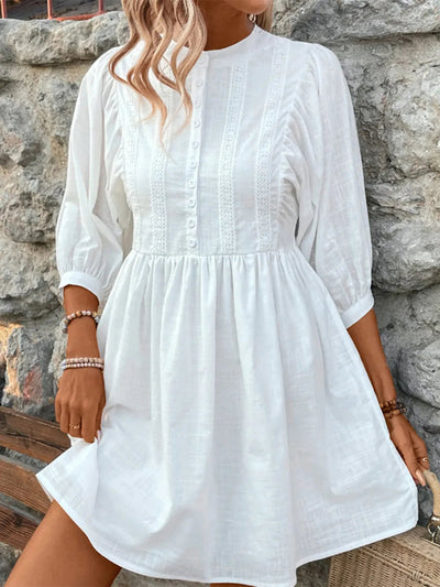 Lace Detail Half Button Three-Quarter Sleeve Dress - Korvel