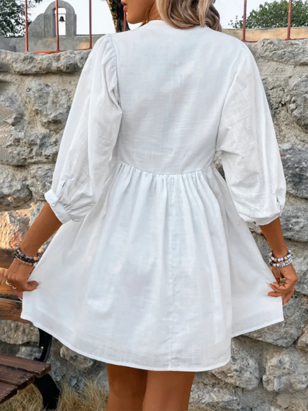 Lace Detail Half Button Three-Quarter Sleeve Dress - Korvel