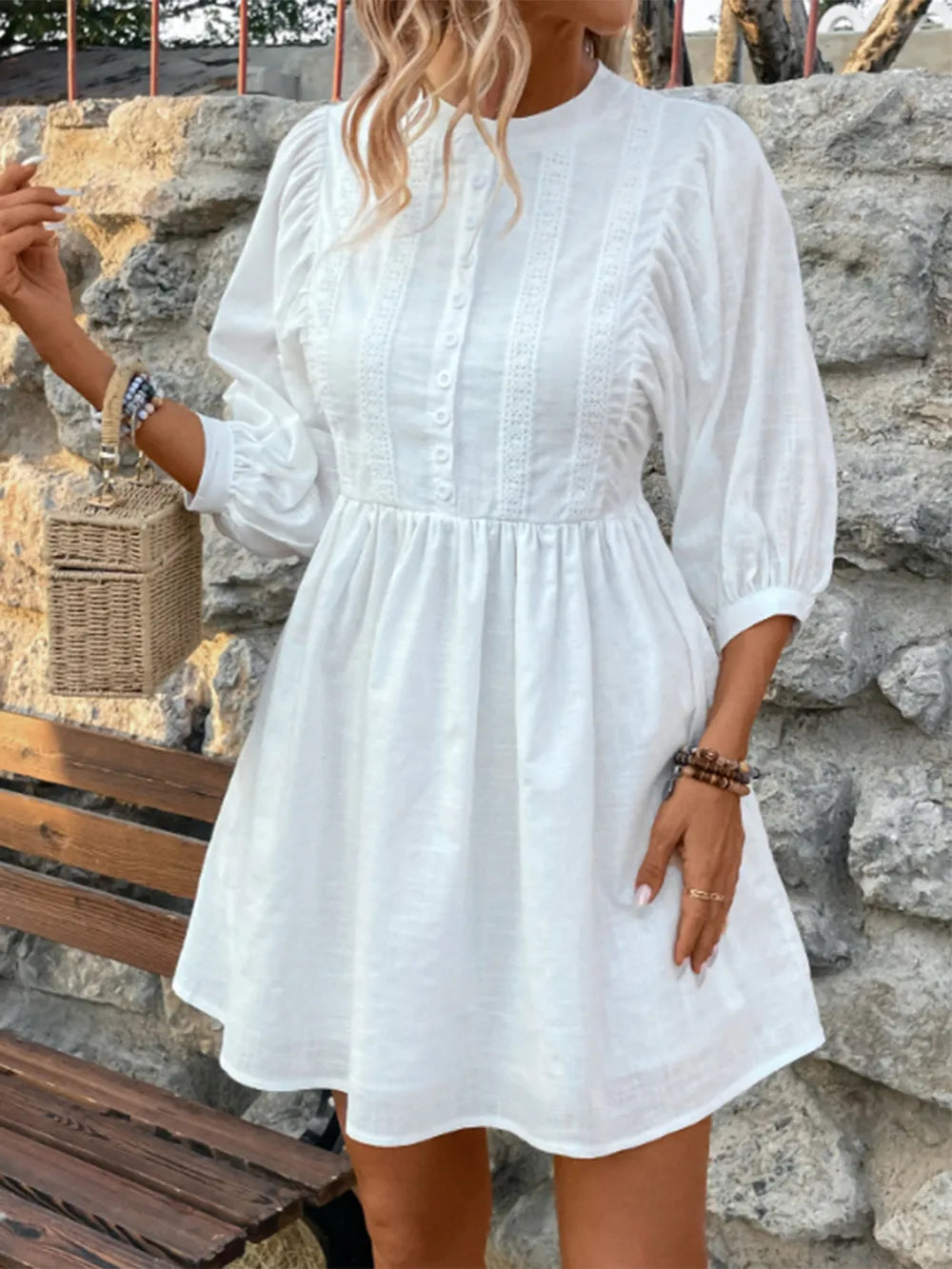 Lace Detail Half Button Three-Quarter Sleeve Dress - Korvel