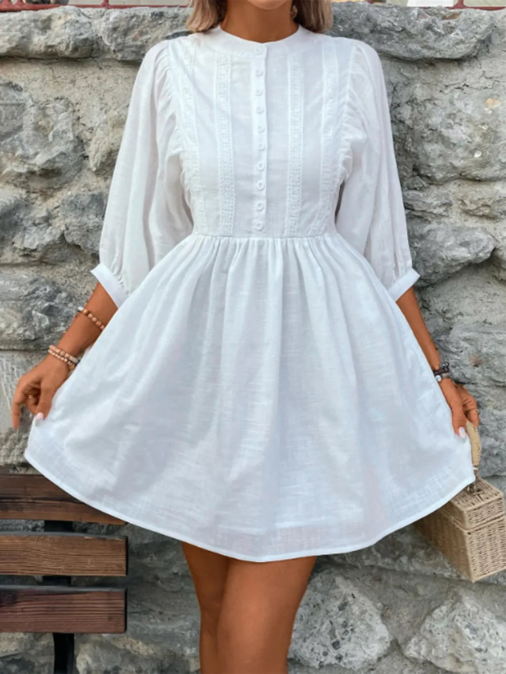 Lace Detail Half Button Three-Quarter Sleeve Dress - Korvel