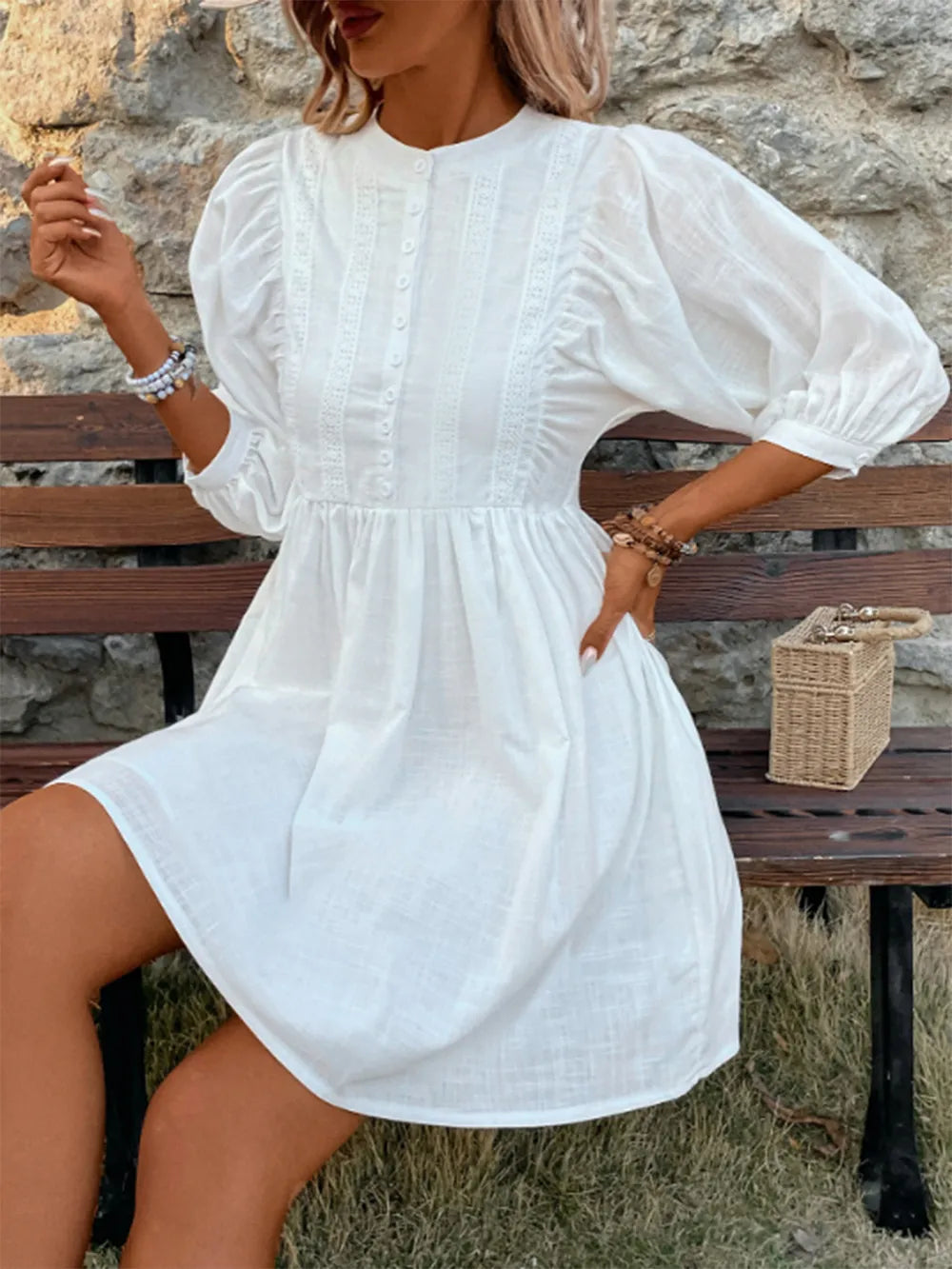 Lace Detail Half Button Three-Quarter Sleeve Dress - Korvel