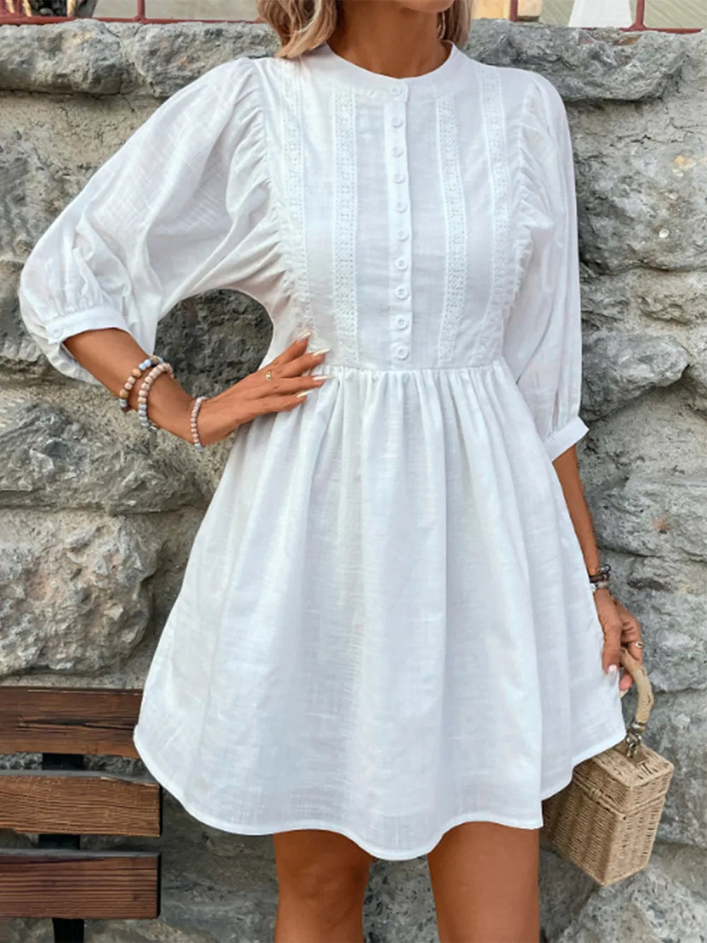 Lace Detail Half Button Three-Quarter Sleeve Dress - Korvel