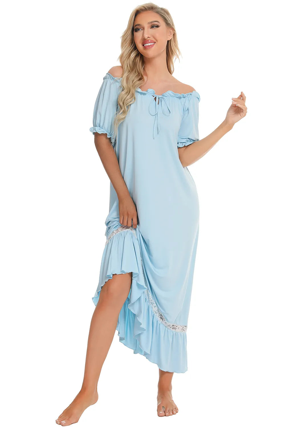 Lace Detail Short Sleeve Lounge Dress - Korvel