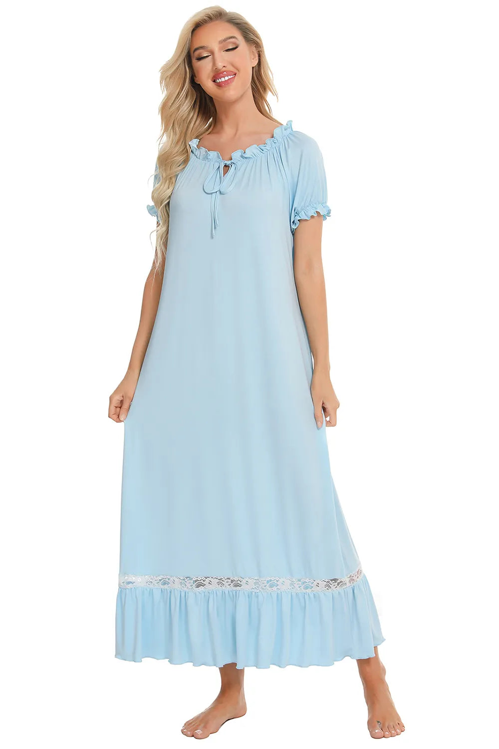 Lace Detail Short Sleeve Lounge Dress - Korvel