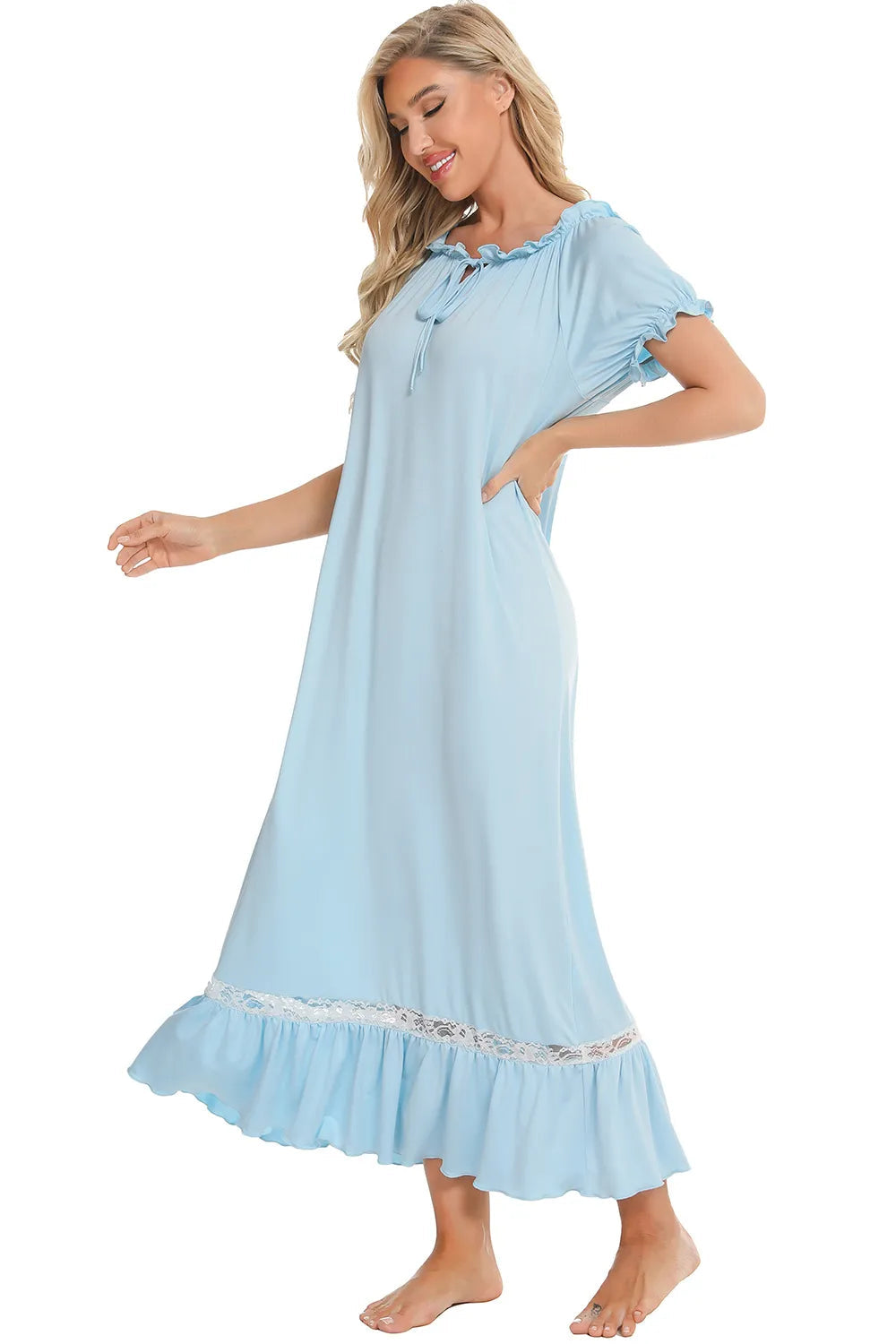 Lace Detail Short Sleeve Lounge Dress - Korvel