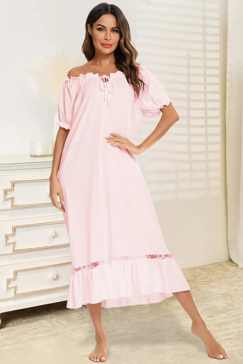 Lace Detail Short Sleeve Lounge Dress - Korvel
