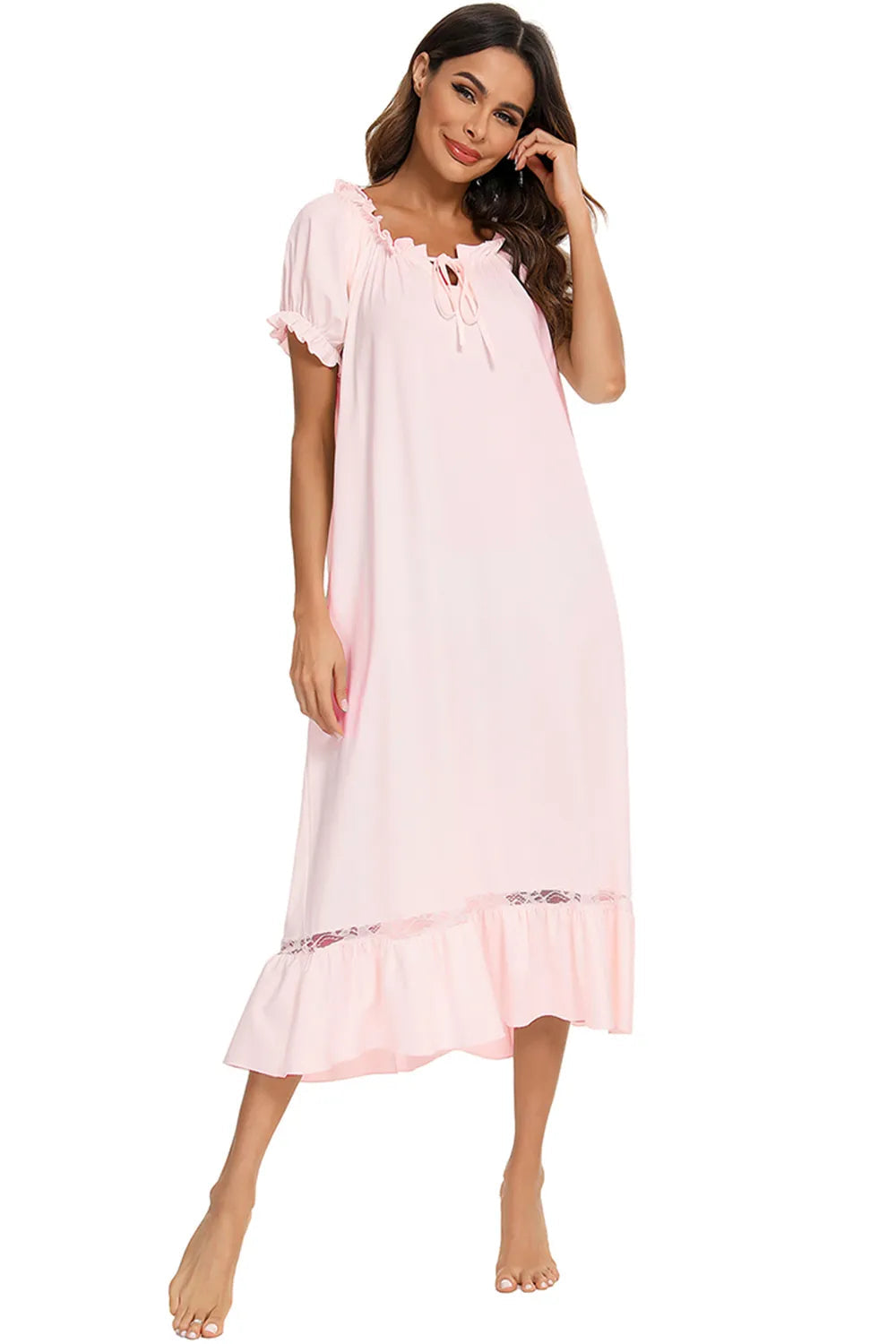 Lace Detail Short Sleeve Lounge Dress - Korvel