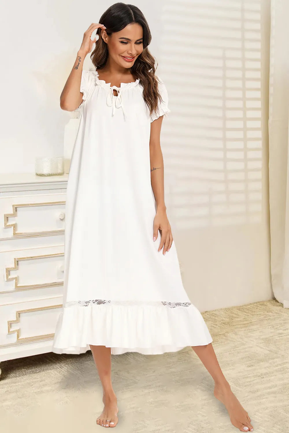 Lace Detail Short Sleeve Lounge Dress - Korvel