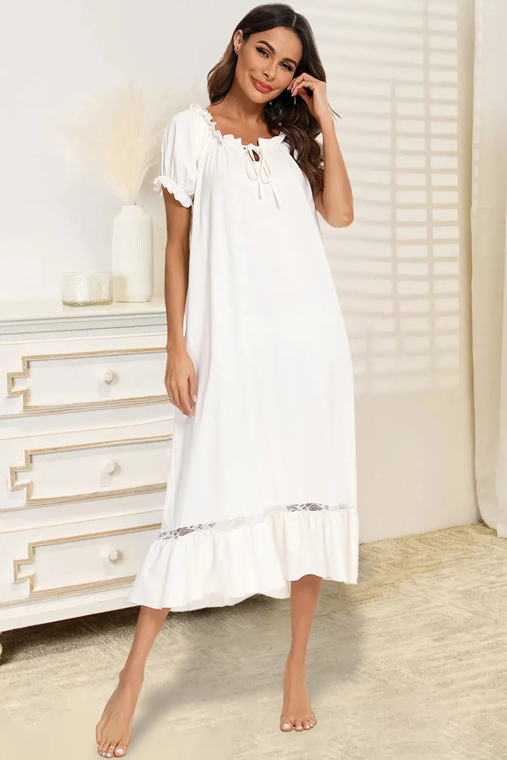 Lace Detail Short Sleeve Lounge Dress - Korvel