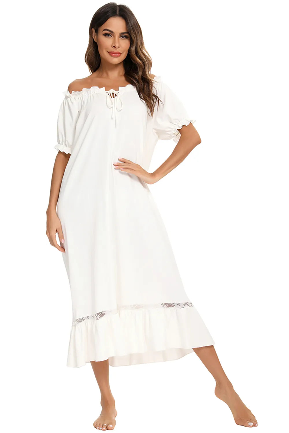 Lace Detail Short Sleeve Lounge Dress - Korvel