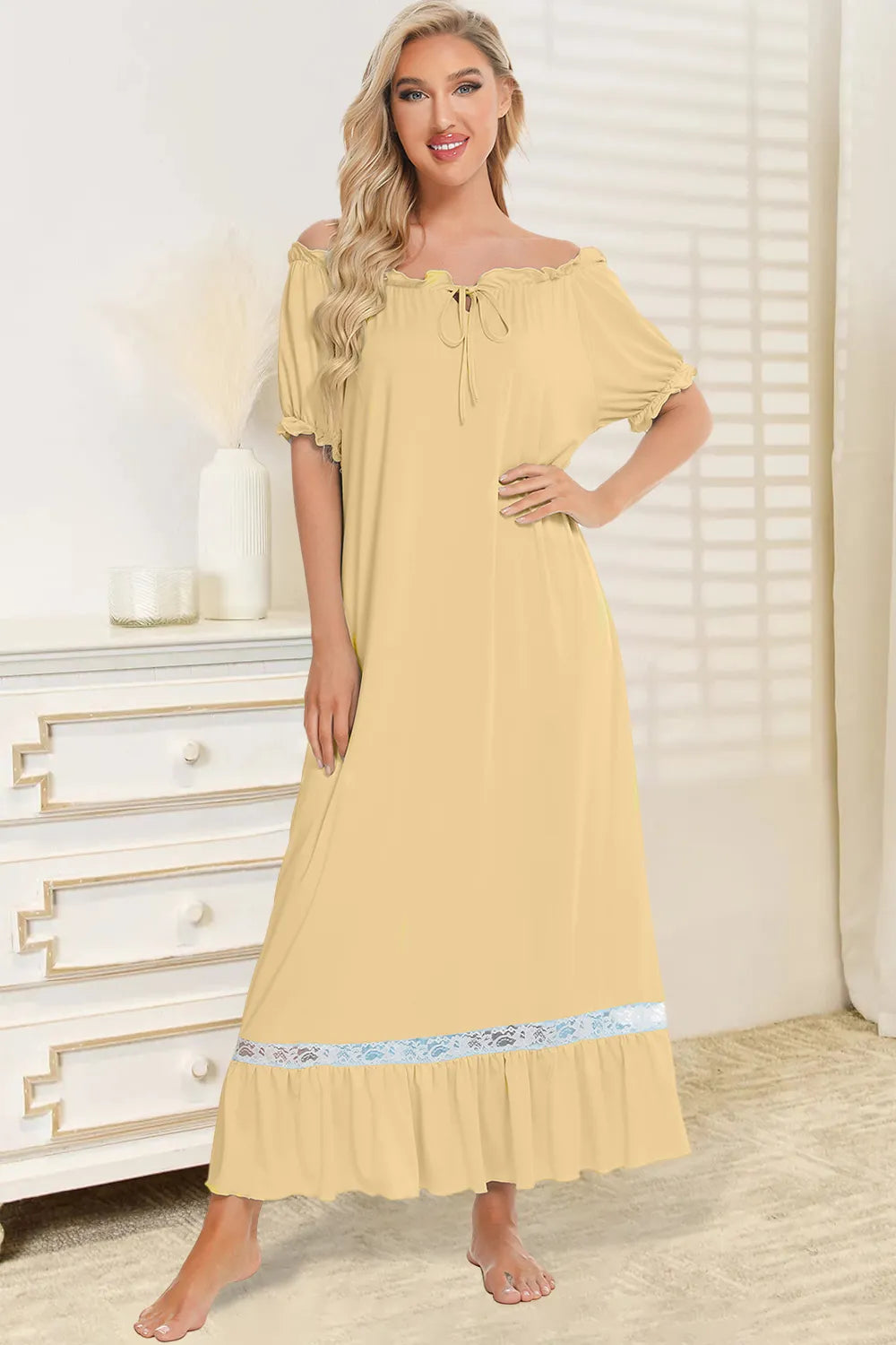 Lace Detail Short Sleeve Lounge Dress - Korvel