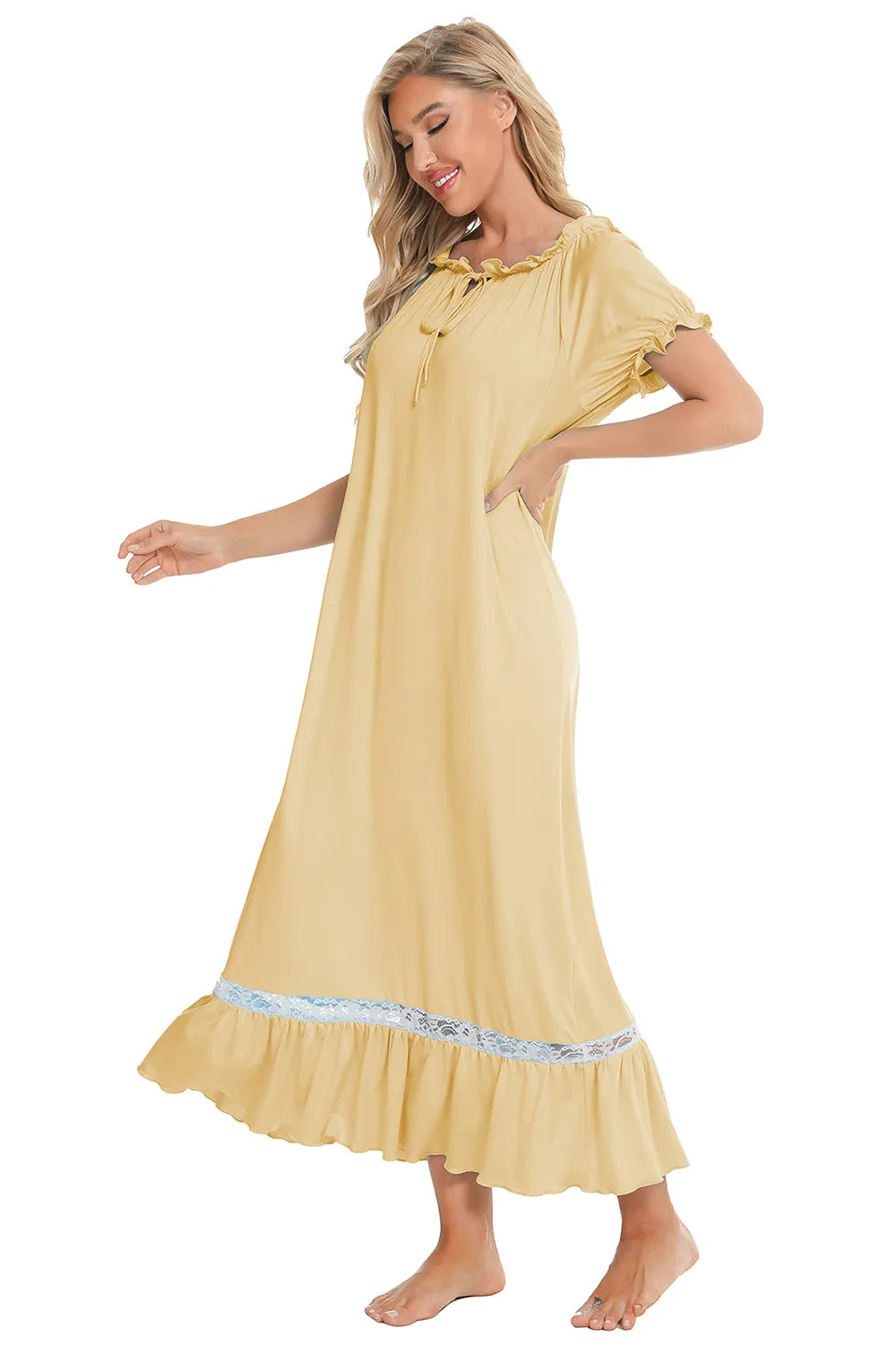 Lace Detail Short Sleeve Lounge Dress - Korvel