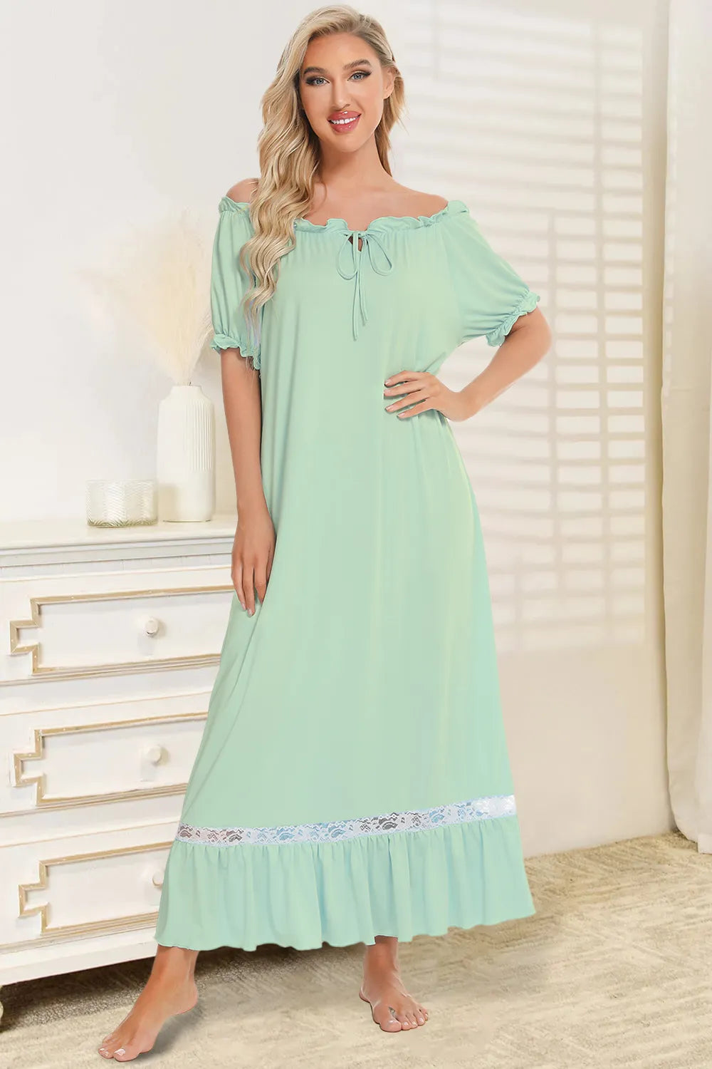 Lace Detail Short Sleeve Lounge Dress - Korvel