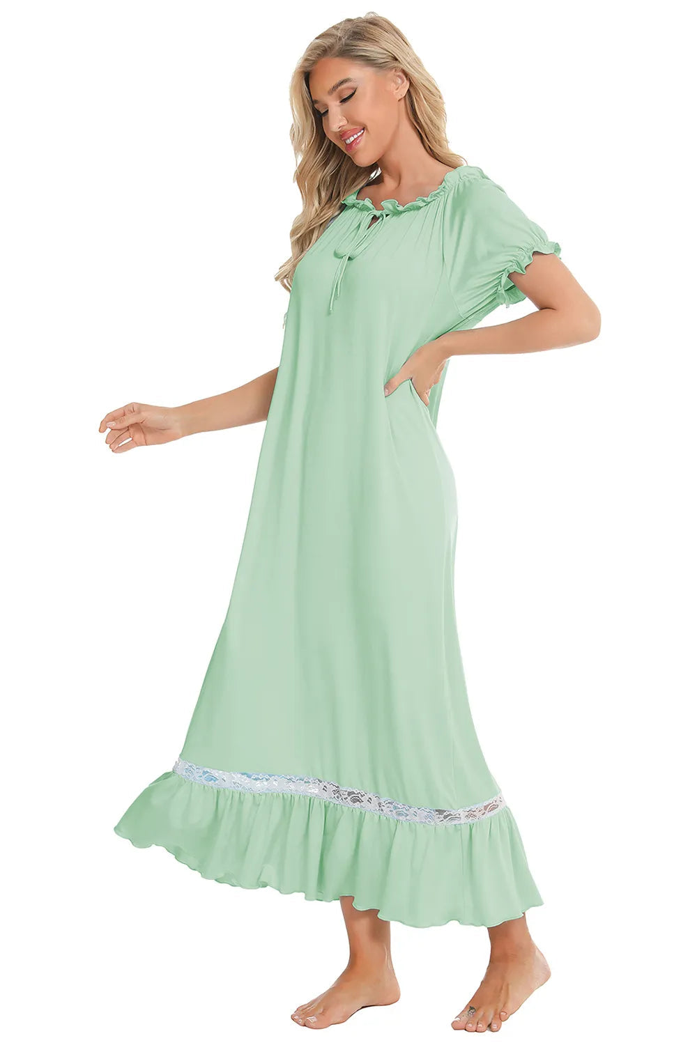 Lace Detail Short Sleeve Lounge Dress - Korvel