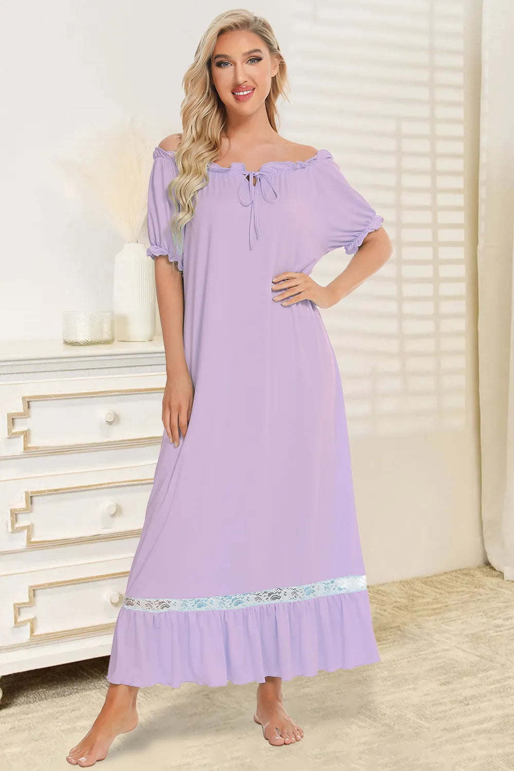 Lace Detail Short Sleeve Lounge Dress - Korvel