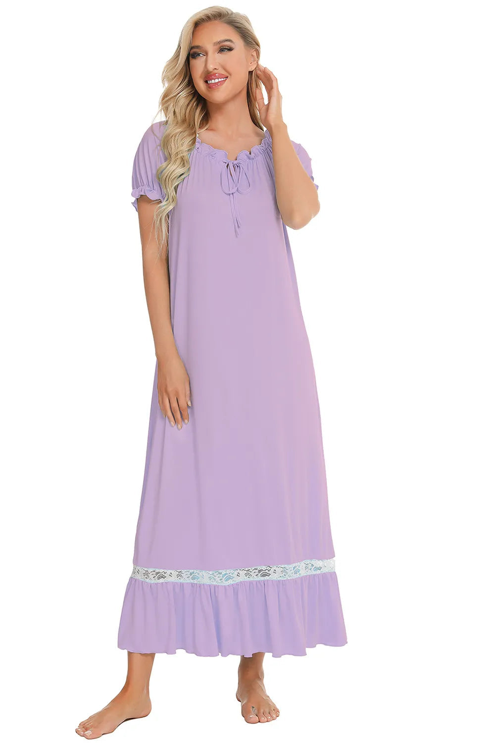 Lace Detail Short Sleeve Lounge Dress - Korvel