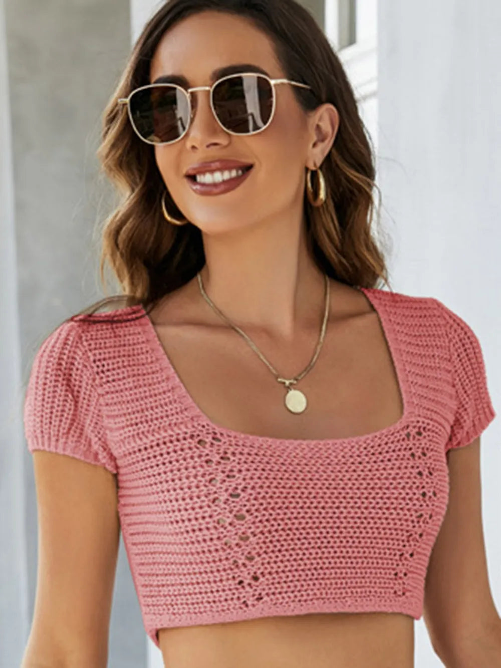 Lace-Up Openwork Square Neck Sweater - Korvel