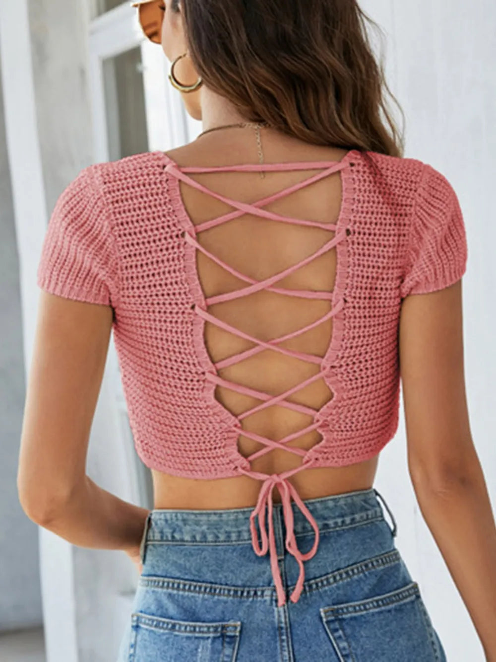 Lace-Up Openwork Square Neck Sweater - Korvel