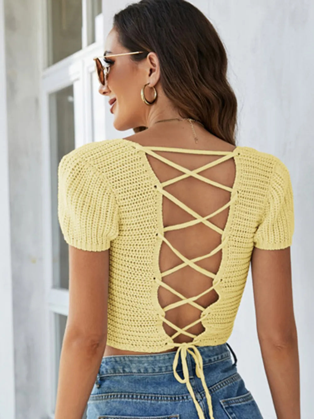 Lace-Up Openwork Square Neck Sweater - Korvel