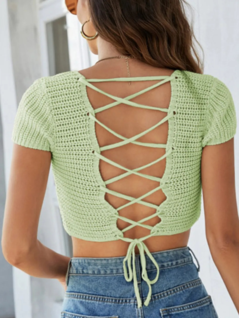 Lace-Up Openwork Square Neck Sweater - Korvel
