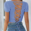 Lace-Up Openwork Square Neck Sweater - Korvel