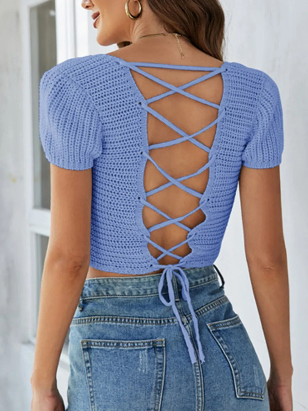 Lace-Up Openwork Square Neck Sweater - Korvel