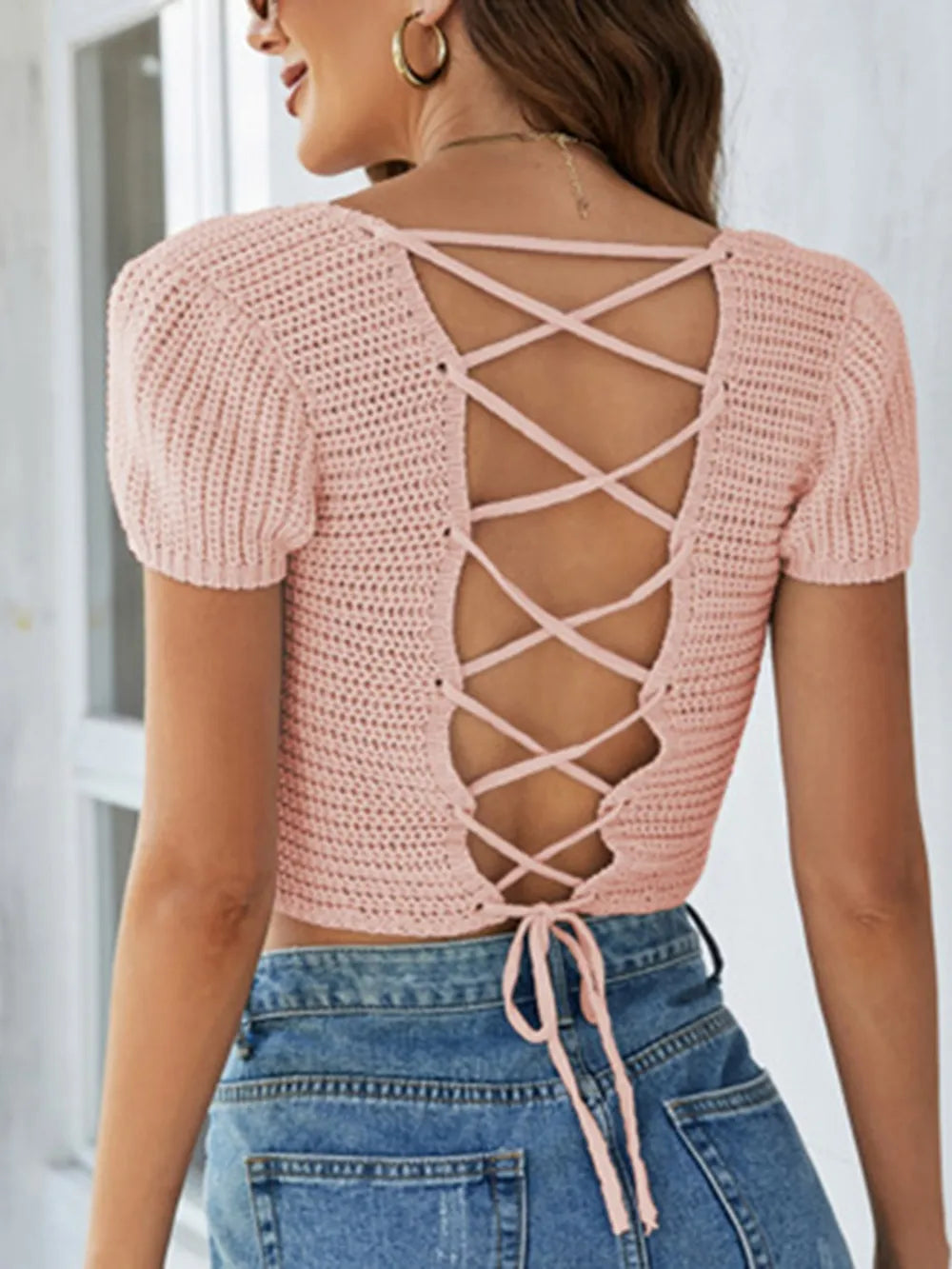 Lace-Up Openwork Square Neck Sweater - Korvel