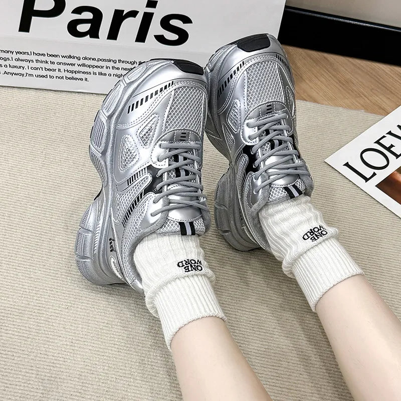 Lace Up Platform Athletic Sneakers in Silver