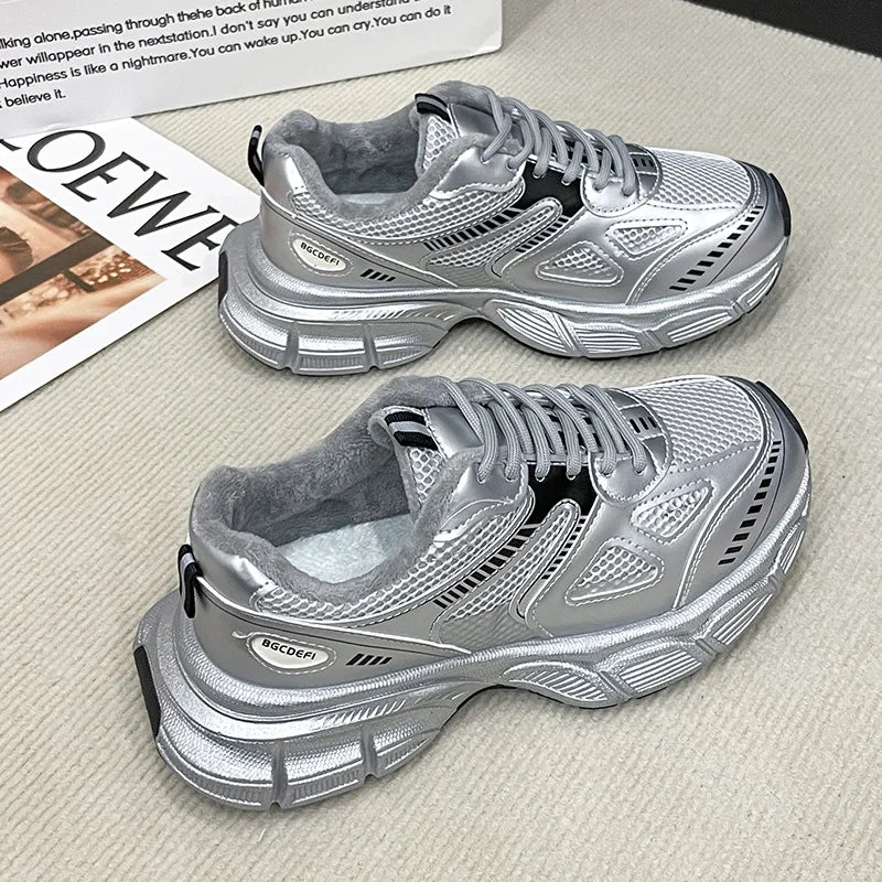 Lace Up Platform Athletic Sneakers in Silver