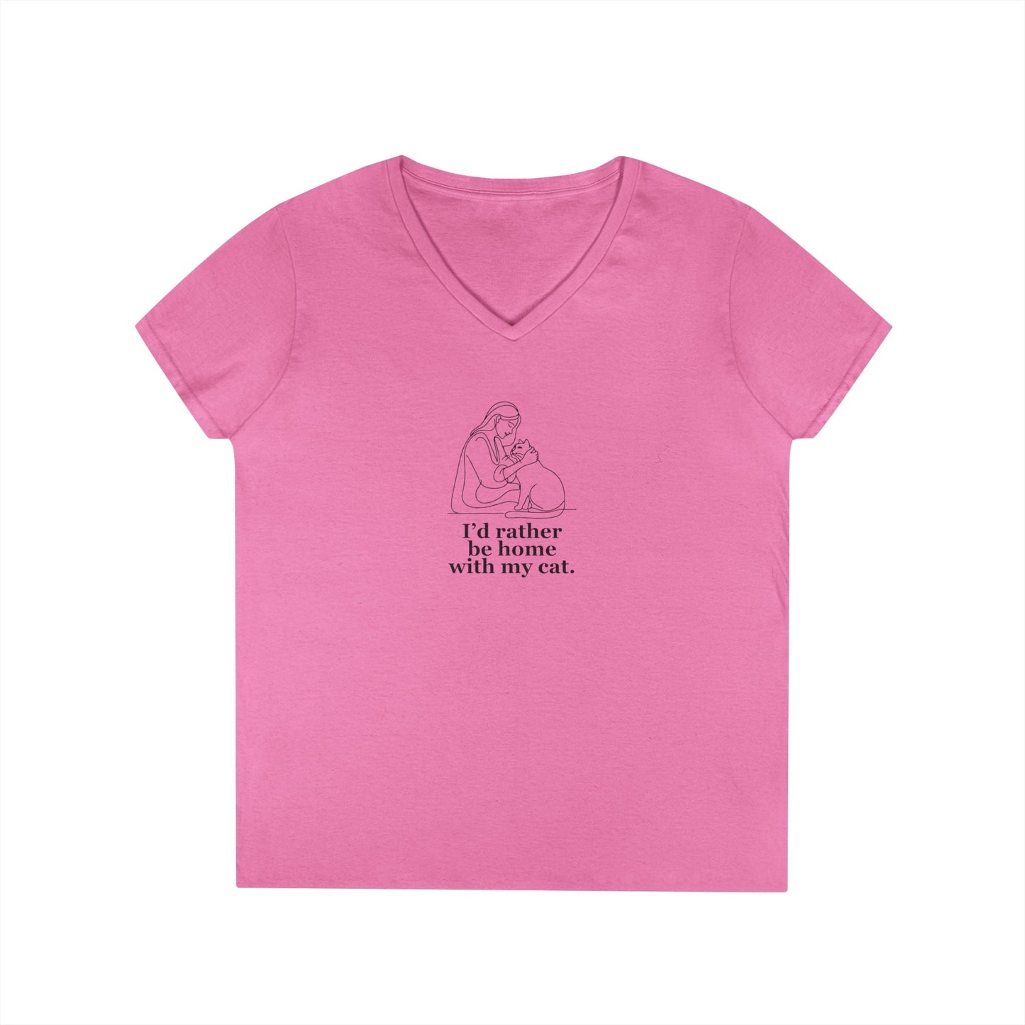 Charming Cat Lover V-Neck Tee - 'Home with My Cat' Design - Korvel