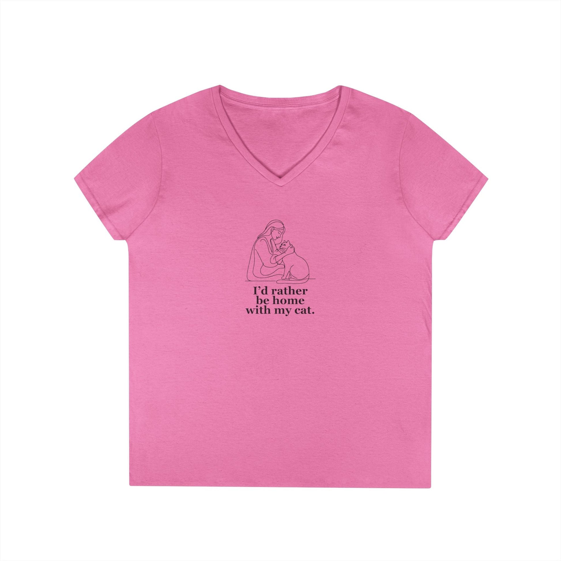 Charming Cat Lover V-Neck Tee - 'Home with My Cat' Design - Korvel
