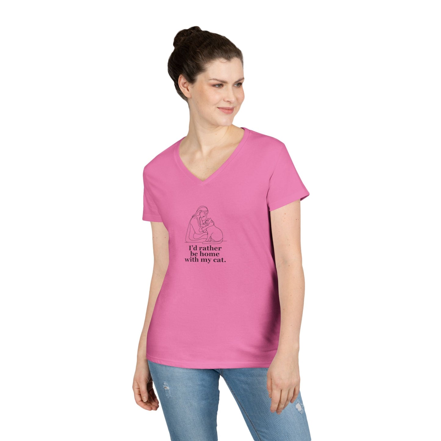 Charming Cat Lover V-Neck Tee - 'Home with My Cat' Design - Korvel