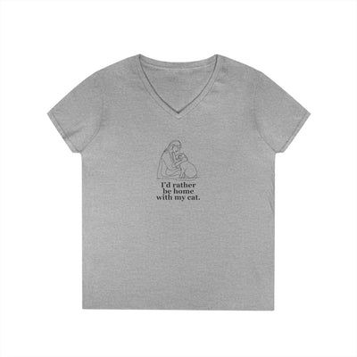 Charming Cat Lover V-Neck Tee - 'Home with My Cat' Design - Korvel