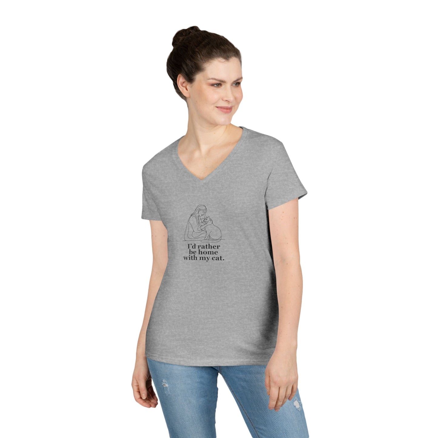 Charming Cat Lover V-Neck Tee - 'Home with My Cat' Design - Korvel