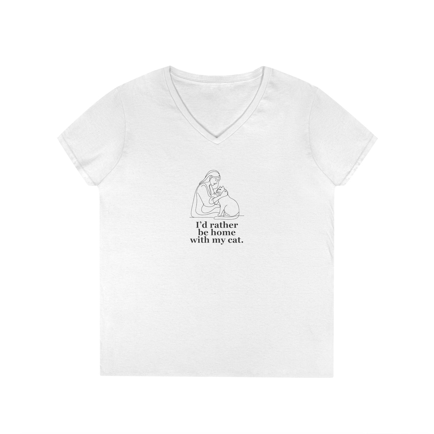 Charming Cat Lover V-Neck Tee - 'Home with My Cat' Design - Korvel