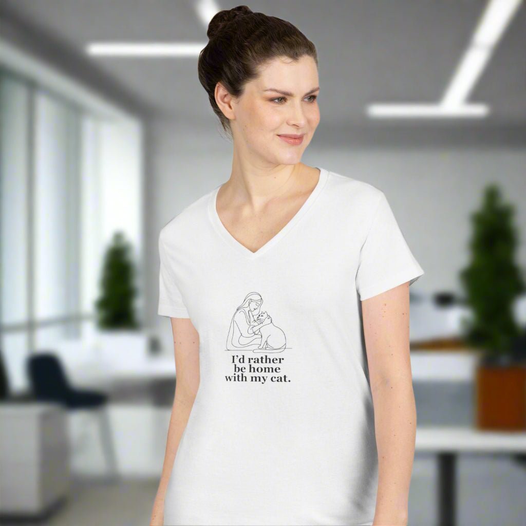 Charming Cat Lover V-Neck Tee - 'Home with My Cat' Design - Korvel