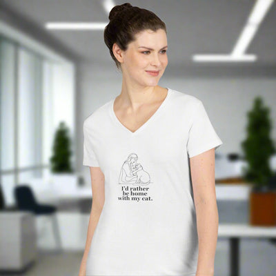 Charming Cat Lover V-Neck Tee - 'Home with My Cat' Design - Korvel