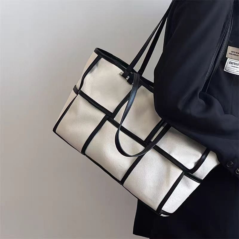 Large-capacity canvas splicing shoulder bag niche Korean style crossbody bag - Korvel