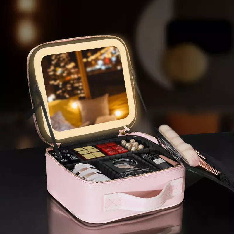 Large Capacity LED Mirror Makeup Bag - Portable & Waterproof
