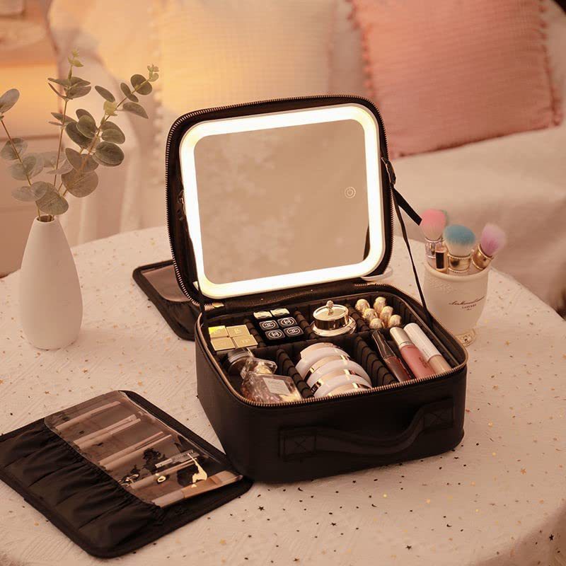 Large Capacity LED Mirror Makeup Bag - Portable & Waterproof