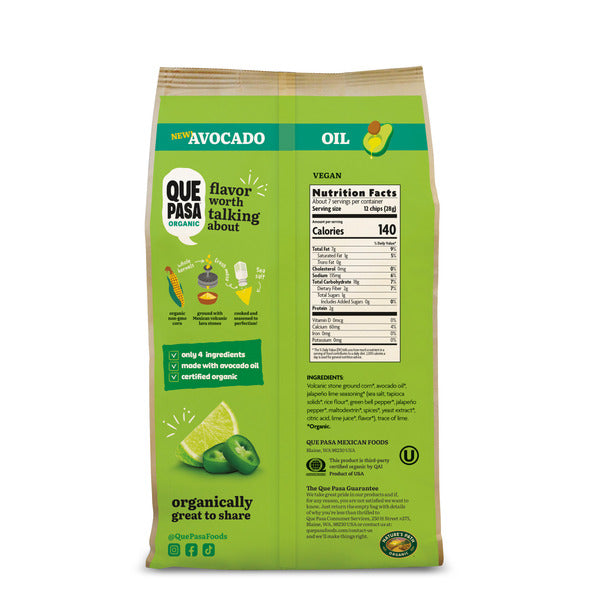 Que Pasa Chips Tortilla à l'huile d'avocat, jalapeño et lime
