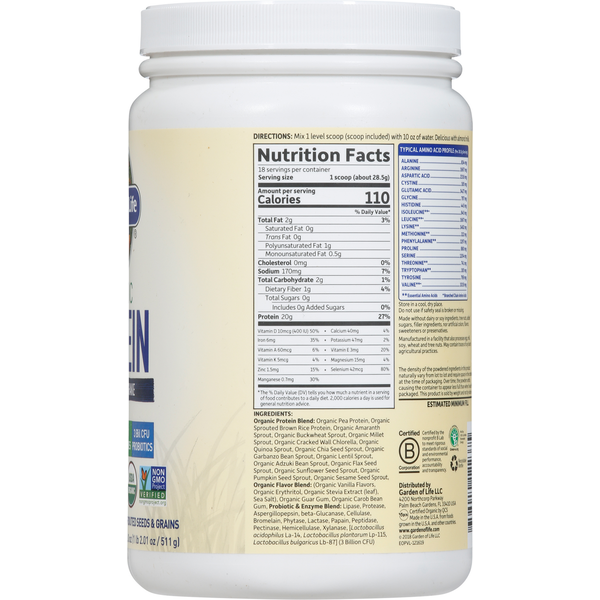 Shake de Protéine Bio Garden of Life - Saveur Vanille