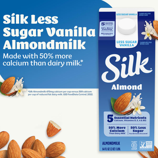 Silk Almond Milk, Less Sugar, Vanilla - 64 fl oz Half Gallon