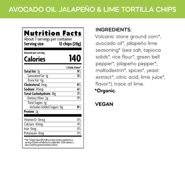 Que Pasa Chips Tortilla à l'huile d'avocat, jalapeño et lime