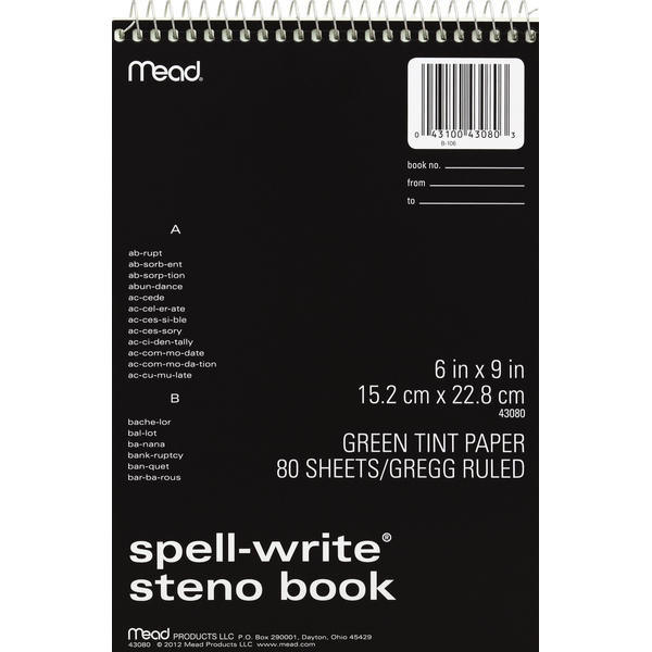 Mead Steno Book - Spell-Write, Green Tint, Gregg Ruled, 80 Sheets