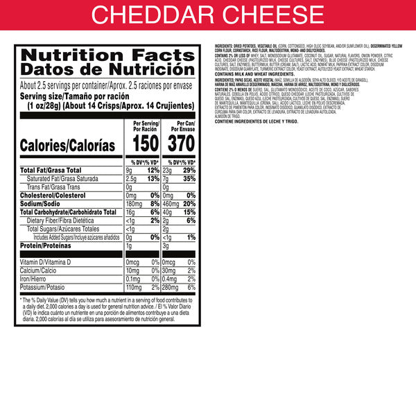 Pringles Cheddar Cheese Potato Crisps - Paquete de Snack 2.5 oz