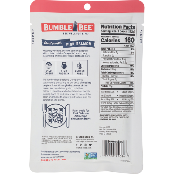 Saumon rose sans peau et sans arêtes Bumble Bee pêché à l'état sauvage