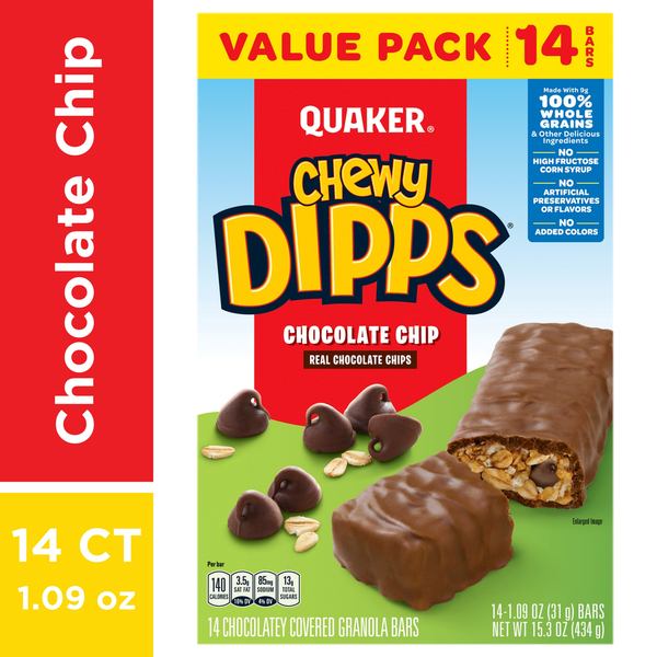 Barres de granola Quaker Chewy Dipps, pépites de chocolat - Pack