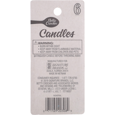 Betty Crocker Birthday Candle, Numeral 6, 3 Inch